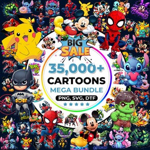 May include: A colourful digital artwork showcasing various cartoon characters such as Pikachu, Mickey Mouse, Spider-Man, and Batman. The image includes the text "BIG SALE" and "35,000+ CARTOONS MEGA BUNDLE" with file format options. A lively and eye-catching design.
