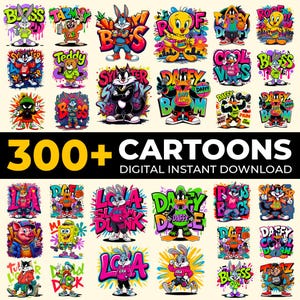 May include: A digital download graphic featuring cartoon characters in a graffiti style. The image includes characters like Bugs Bunny, Daffy Duck, and Tweety Bird, with the text "300+ CARTOONS DIGITAL INSTANT DOWNLOAD". The artwork is vibrant with bold colours.