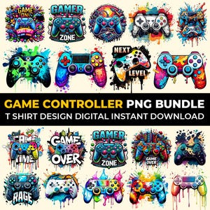 Pode incluir: Uma coleção de designs coloridos de controladores de jogos com o texto "Game Controller PNG Bundle". Os controladores são em várias cores e estilos, com palavras como "Gamer", "Zone" e "Level Up". Perfeito para designs de camisetas.