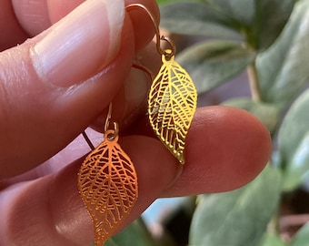 Gold Leaf Drop Earrings: 14k Gold Filled Lever Backs