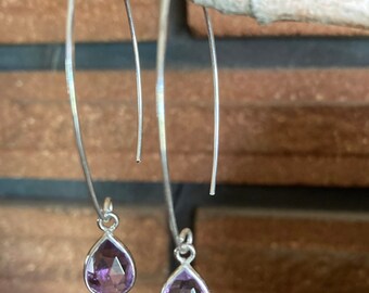 Amethyst Drop Earrings - Gemstone Teardrop Earrings - Long Sterling Silver Dangle Earrings