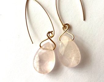 Rose Quartz  Teardrop Earrings, Pink Drop Earrings, Pink Gemstone Earrings, Minimalist Earrings