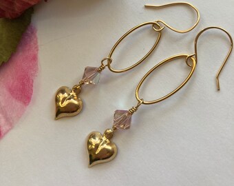Gold Heart Drop Earrings - Gold Heart Crystal Earrings - Gold Heart Drop Earrings - Gold Heart Earrings