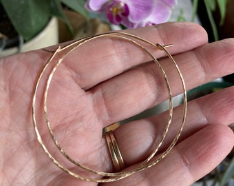 Hammered Gold Hoops - 14K Gold Filled Hoops - Large Wire Hoops