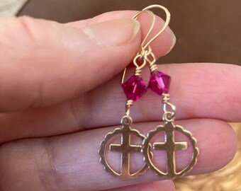 Gold Cross Dangle Earrings, Sacred Geometry Earrings, Pink Swarovski Earrings