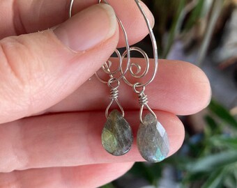 Labradorite Teardrop Earrings, Labradorite Wire Earrings, Silver Spiral Wire Earrings, Labradorite Drop Earrings