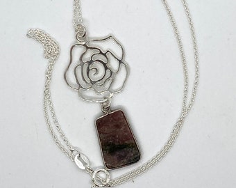 Watermelon Tourmaline Pendant: Sterling Silver Rose Flower Necklace