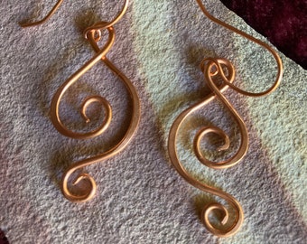 Copper Spiral Earrings, Hammered Copper Wire, Copper Drop Earrings