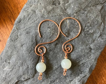 Jade Copper Drop Earrings: Handmade Spiral Dangle Design