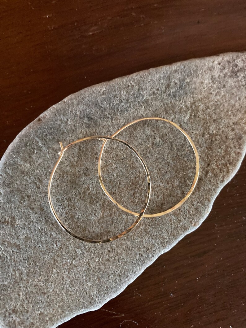 Hammered Gold Hoops 14K Gold Filled Hoops Small Medium Size Hoops Thin Wire Hoops image 4