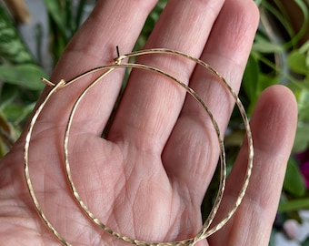 Hammered Gold Hoops - 14K Gold Filled Hoops -2" Gold Hoops - Thick Wire