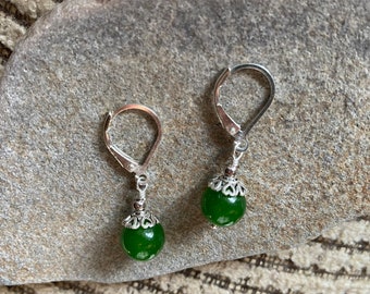 Lever Back Jade Earrings, Green Jade Drop Earrings, Jade Sterling Silver Earrings,