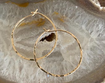 Hammered Gold Hoops - 14K Gold Filled Hoops - Small to Medium Size Hoops -  1.25”