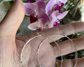 Classic Hoop Earrings, Sterling Silver Hoops, Large Hammered Hoops, 2" Diameter, Thick or Thin Wire