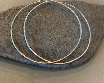 Classic Hoop Earrings, Sterling Silver Hoops, Hammered, 2.2" Diameter, Thin Wire for Sensitive Ears