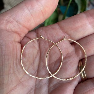 Hammered Gold Hoops 14K Gold Filled Hoops Small Medium Size Hoops Thin Wire Hoops image 8