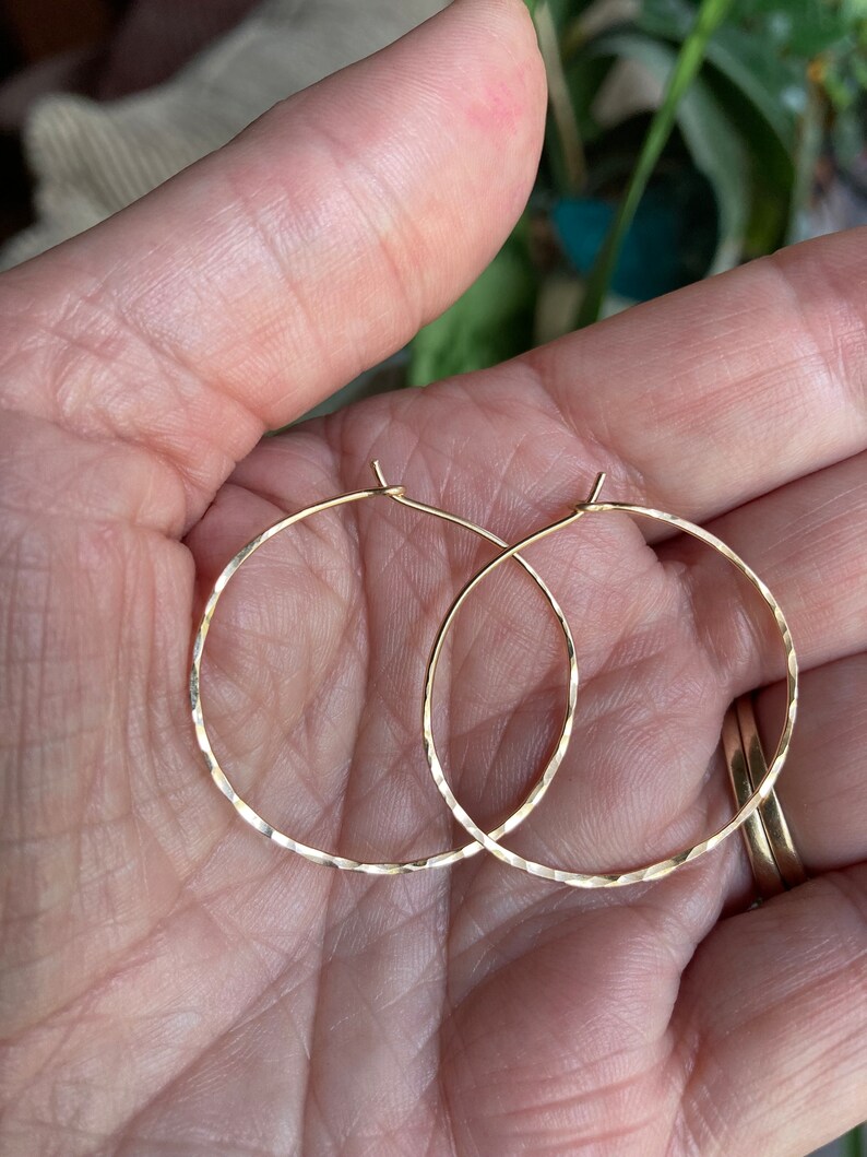 Hammered Gold Hoops 14K Gold Filled Hoops Small Medium Size Hoops Thin Wire Hoops image 8