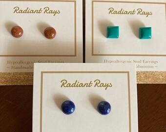 8mm Gemstone Studs, Lapis Lazuli Studs, Turquoise Studs, Goldstone Studs, Sterling Silver Gemstone Studs, Minimalist