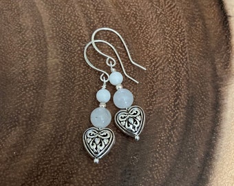 Silver Heart Drop Earrings, Sterling Silver Heart, White Jade Drop Earrings