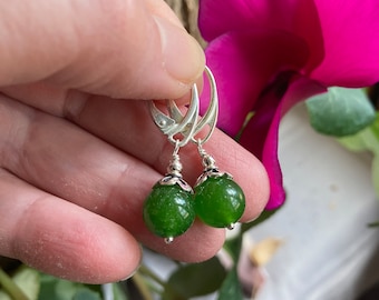 Lever Back Jade Earrings, Green Jade Drop Earrings, Jade Sterling Silver Earrings,