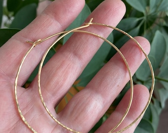 Hammered 14K Gold Filled Hoops: Lightweight Wire Earrings, Medium/Large
