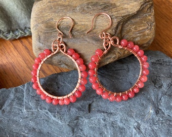 Handmade Jade Bead Copper Hoop Earrings: 2.5 Inch Drop