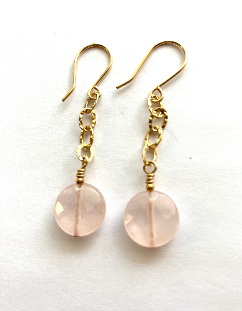 Rose Quartz Drop Earrings, Gold Chain Drop Earrings, 14KGF image 1