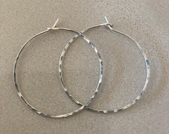 Classic Hoop Earrings, Sterling Silver Hoops, Hammered, 1.25" Diameter, Thin Wire for Sensitive Ears