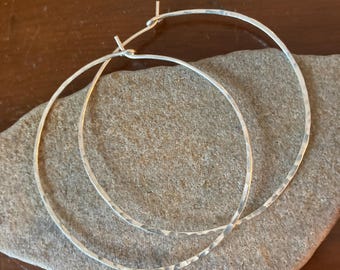 Classic Hoop Earrings, Sterling Silver Hoops, Hammered, 2.2" Diameter, Thick Wire