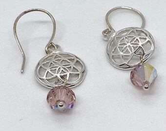 Sterling Silver Flower of Life Earrings: Rose Swarovski Crystal