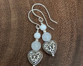 Silver Heart Drop Earrings, Sterling Silver Heart, White Jade Drop Earrings