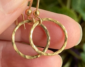 Hammered Gold Hoop Earrings, Gold Circle Drop Earrings