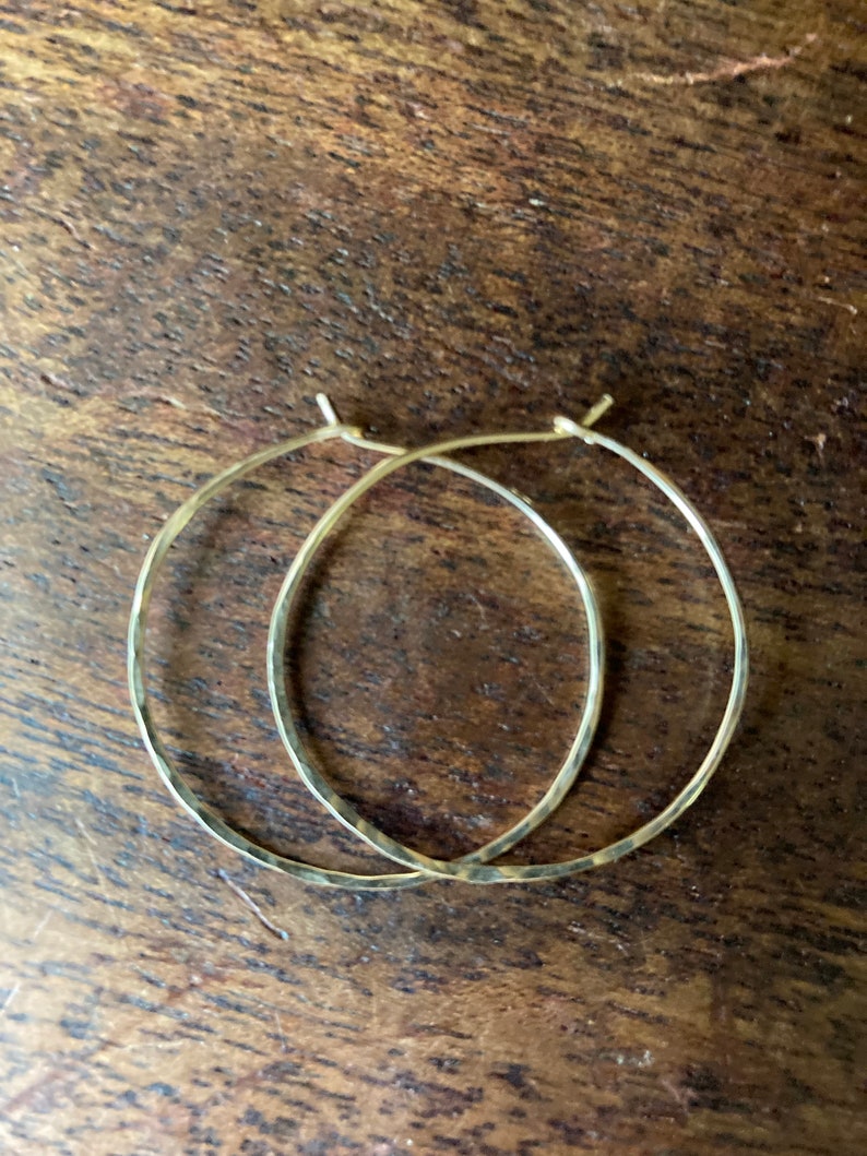 Hammered Gold Hoops 14K Gold Filled Hoops Small Medium Size Hoops Thin Wire Hoops image 2