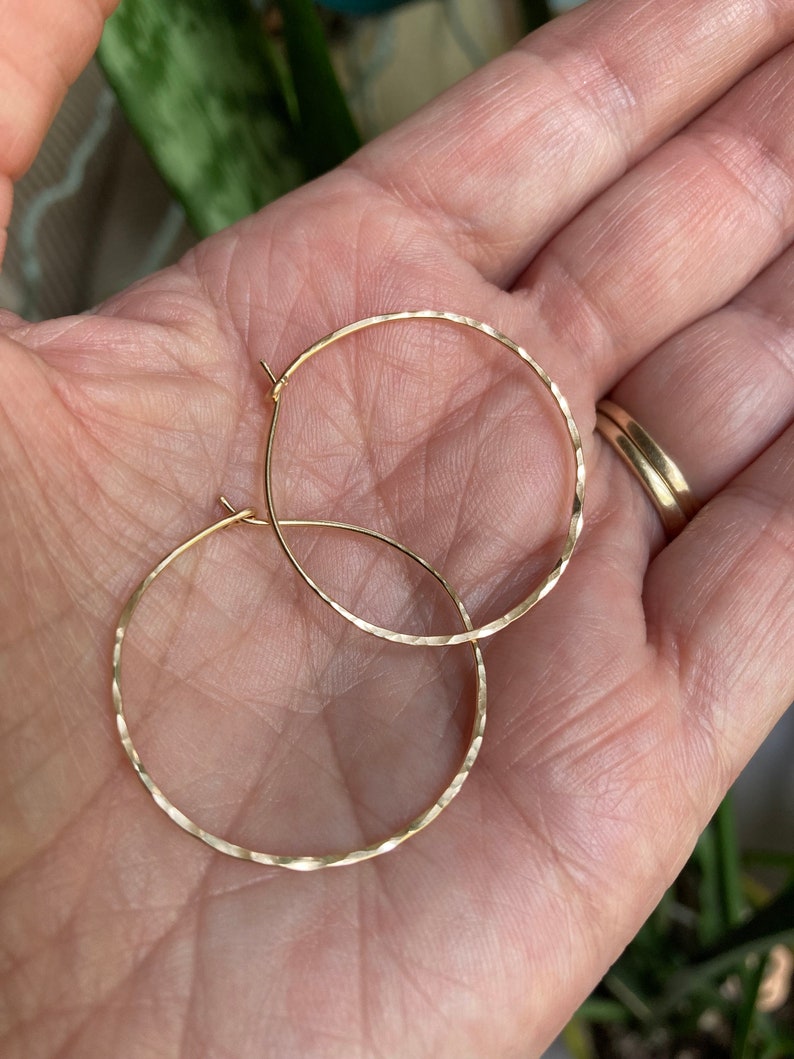 Hammered Gold Hoops 14K Gold Filled Hoops Small Medium Size Hoops Thin Wire Hoops image 7