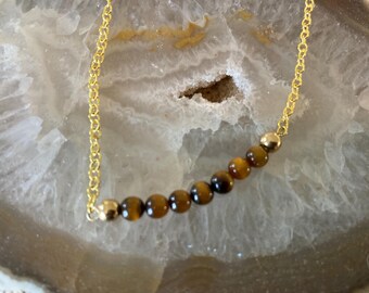 Tiger's Eye Bead Bar Necklace: Minimalist Gold Filled Layer