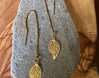Gold Leaf Threader Earrings: 14KGF Chain, Delicate Filigree