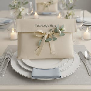 May include: A beige fabric pouch with a cream ribbon and sprig of greenery, on a white plate with a light blue napkin. The text "Your Logo Here" is printed on the pouch. The setting includes silverware, candles, and glassware, creating a table setting.