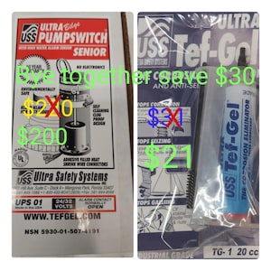 May include: Two marine safety products are displayed: an Ultra Bilge PumpSwitch Senior with a 10-year warranty and a tube of USS Tef-Gel corrosion eliminator. The pump has a self-cleaning design and alarm contact.
