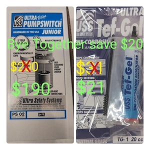 May include: Two marine product packages. One is a blue and white box labeled "USS Pumpswitch Junior" with text and a diagram. The other is a clear package with a tube of "USS Tef-Gel" and a brush. The text "Together save $20" is visible.