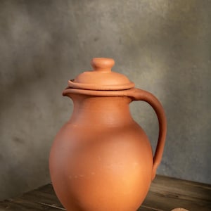 Rustic Handmade Terracotta Water Jug with Lid - Eco-Friendly Earthenware Pitcher for Natural Kitchen Decor, Traditional Style
