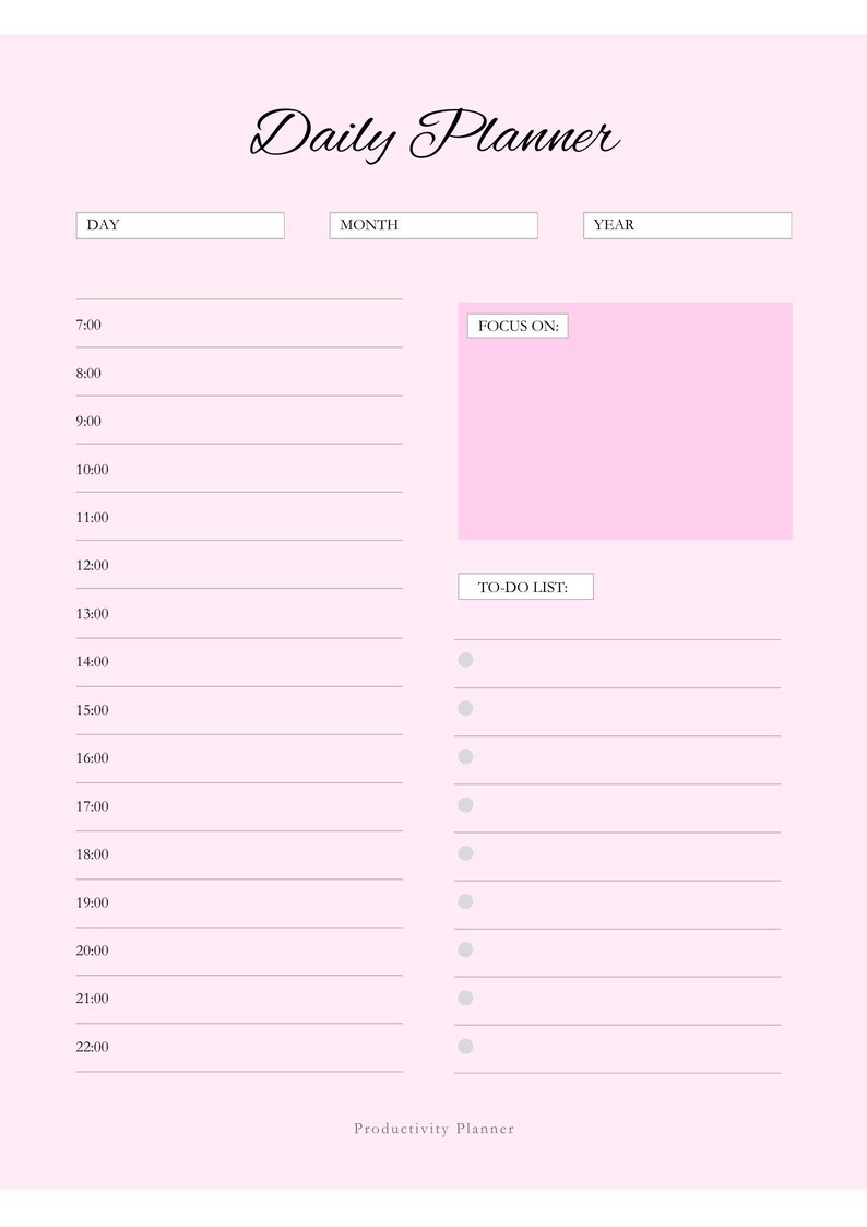 Minimalist Pink Daily Planner | Printable Productivity Planner ...