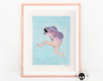 Reverse Merman 8x10 archival print Fishboi 2 from original watercolor painting funny decor naval seaside strange art gift