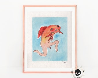 Reverse Merman 8x10 archival print Fishboi 3 from original watercolor painting funny decor naval seaside strange art gift