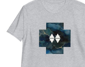 Marble Cross Elemental Symbolic Watercolor Blue and Gold Short-Sleeve Unisex T-Shirt Original Art Modern Wear Gift