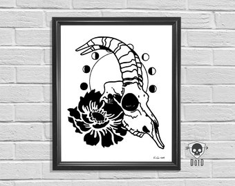 Skull Flower and Lunar Moon Path 8x10 hand pulled art paper print geek gift spooky occult