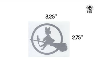 Kikis Delivery Service witch on a broom - sticker opaque decal fun fandom bumper sticker laptop decal witch and cat anime metallic silver