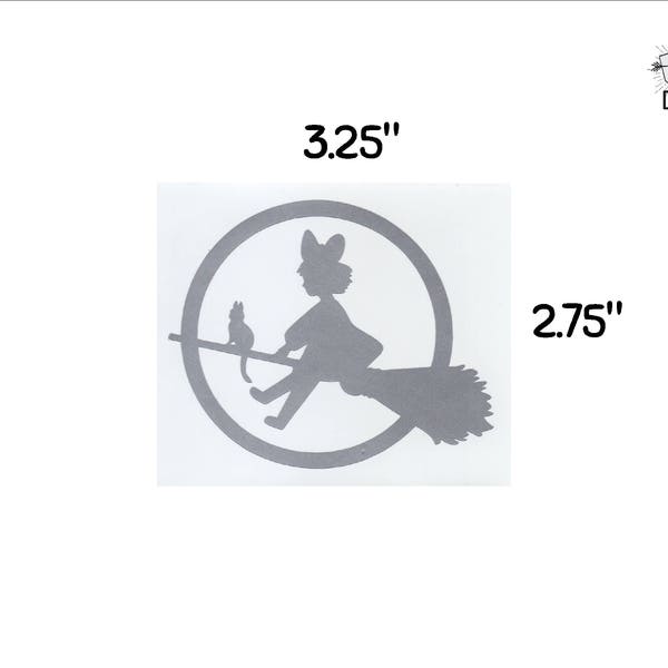Kikis Delivery Service witch on a broom - sticker opaque decal fun fandom bumper sticker laptop decal witch and cat anime metallic silver