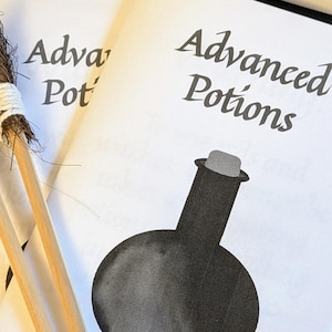 May include: Two white booklets with the title "Advanced Potions" and a black illustration of a potion bottle. Two wooden dowels and a bundle of twigs are in the foreground.