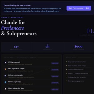May include: A dark purple digital product advertisement for freelancers and solopreneurs. The text reads "Claude for Freelancers & Solopreneurs." It highlights features like 12+ prompts, 7h saved weekly, and a $600 back-in-calendar value. Includes a "Get Full Access" button.