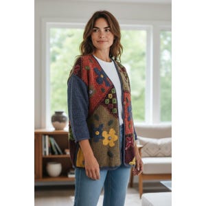 Pode incluir: Cardigã patchwork com design de decote em V. O suéter apresenta uma mistura de cores, incluindo azul, vermelho, verde e amarelo, com detalhes florais e de botões. As mangas são azuis sólidas, usado com uma camiseta branca e jeans azuis.